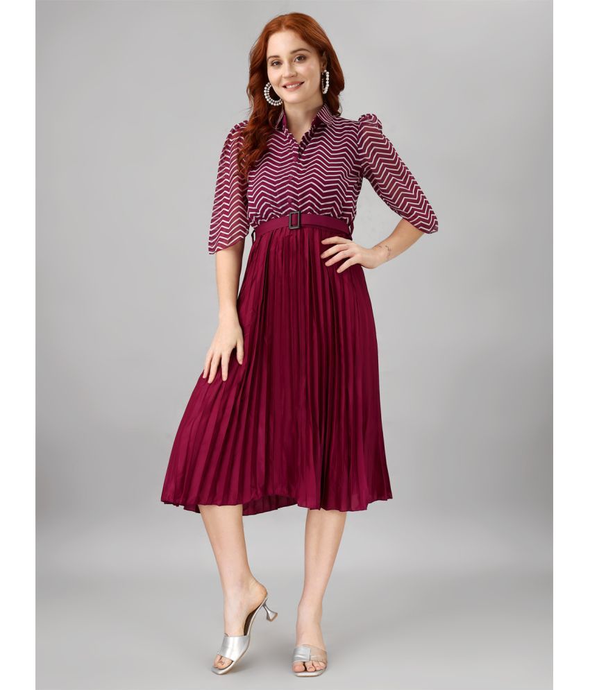     			Femvy Georgette Striped Knee Length Women's Fit & Flare Dress - Magenta ( Pack of 1 )