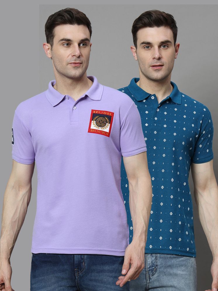     			Hushbucks Cotton Blend Regular Fit Embroidered Half Sleeves Men's Polo T Shirt - Lavender ( Pack of 2 )