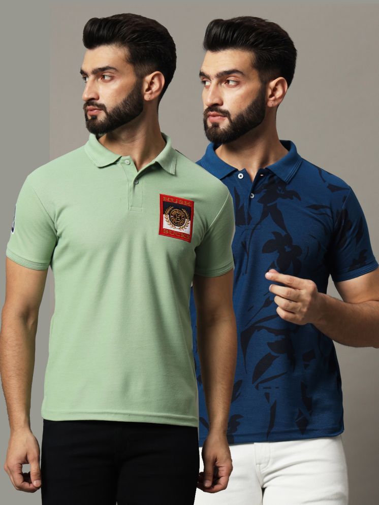     			Hushbucks Cotton Blend Regular Fit Printed Half Sleeves Men's Polo T Shirt - Sea Green ( Pack of 2 )