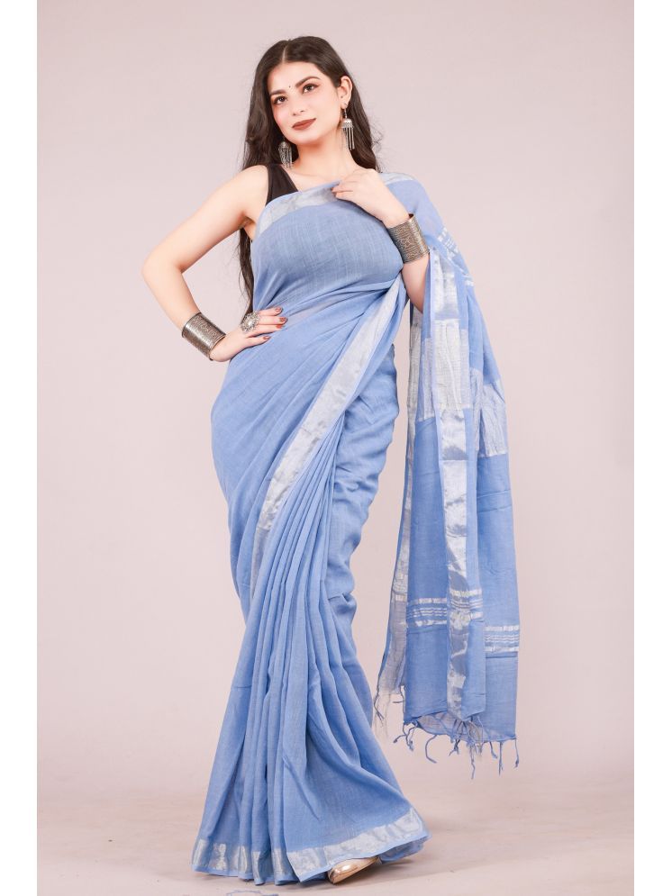     			NOITAERCPR Cotton Printed Saree With Blouse Piece - LightBLue ( Pack of 1 )