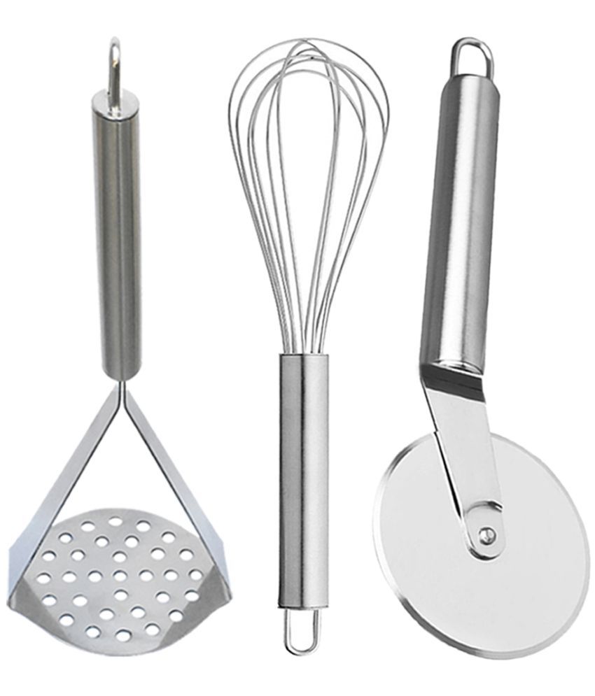     			OC9 Silver Stainless Steel Whisk+Masher+Pizza Cutter ( Set of 3 )