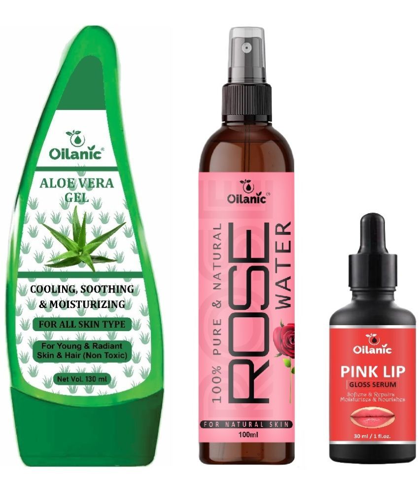     			Pure Aloe vera Gel 130ml, Rose water for Hyrated Skin 100ml & Pink Lip Gloss Serum 30ml - Combo of 3 Items