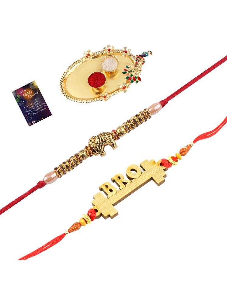     			Stylish Bhaiya Rakhi " BRO" Designer Pendent With Designer Look "Elephant" Rakhi Combo For Bhaiya With Roli Chawal And Greeting Card 1 Kankawati Pooja Thali