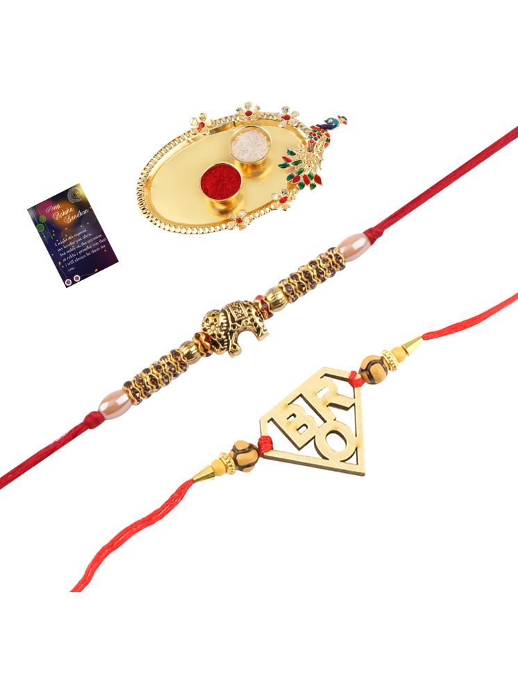     			Stylish Bhaiya Rakhi " BRO" Designer Pendent With Designer Look "Elephant" Rakhi Combo For Bhaiya With Roli Chawal And Greeting Card 1 Kankawati Pooja Thali