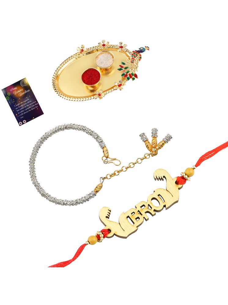     			Stylish Bhaiya Rakhi " BRO" Designer Pendent With Silver Bracelet Kada BhabhiRakhi Combo With Roli Chawal And Greeting Card 1 Kankawati Pooja Thali