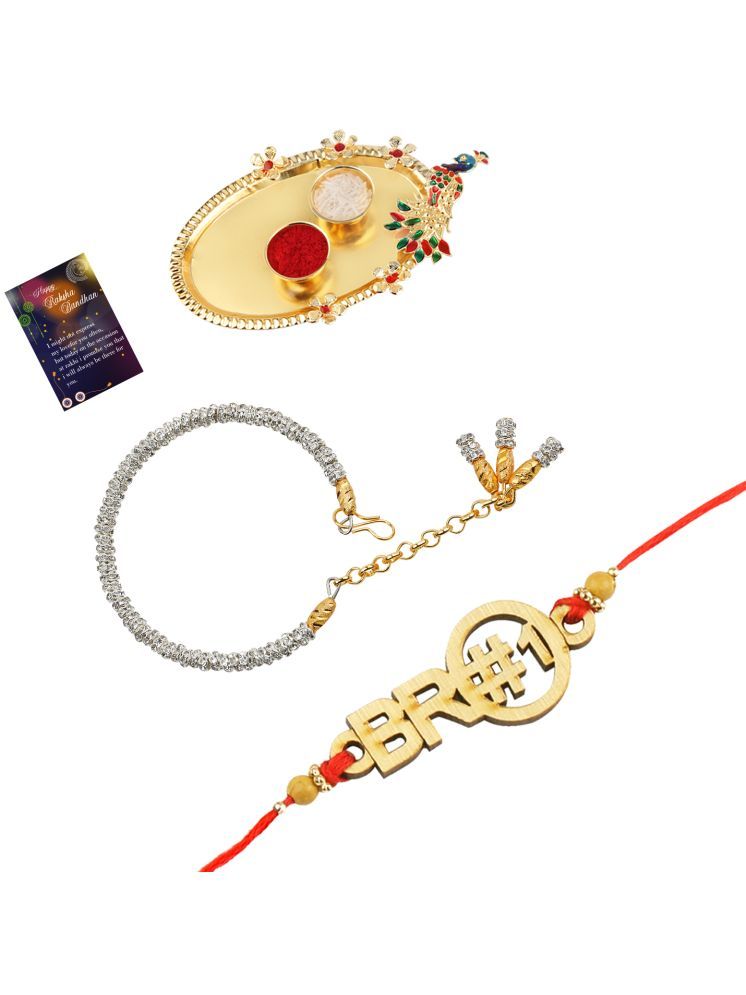     			Stylish Bhaiya Rakhi " BRO" Designer Pendent With Silver Bracelet Kada Bhabhi Rakhi Combo With Roli Chawal And Greeting Card 1 Kankawati Pooja Thali