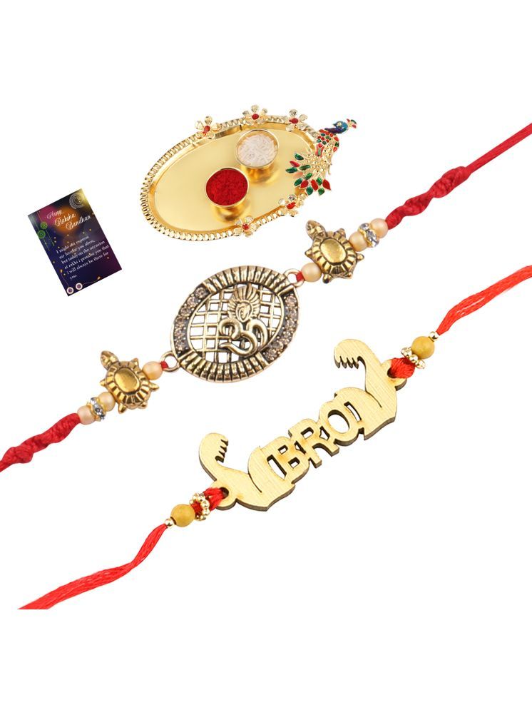     			Stylish Bhaiya Rakhi " BRO" Designer Pendent With Designer Look "OM" Rakhi Combo For Bhaiya With Roli Chawal And Greeting Card 1 Kankawati Pooja Thali