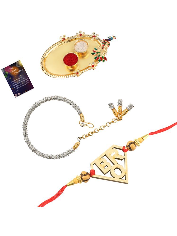     			Stylish Bhaiya Rakhi " BRO" Designer Pendent With Silver Bracelet Kada BhabhiRakhi Combo With Roli Chawal And Greeting Card 1 Kankawati Pooja Thali