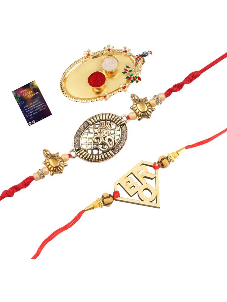     			Stylish Bhaiya Rakhi " BRO" Designer Pendent With Designer Look "OM" Rakhi Combo For Bhaiya With Roli Chawal And Greeting Card 1 Kankawati Pooja Thali