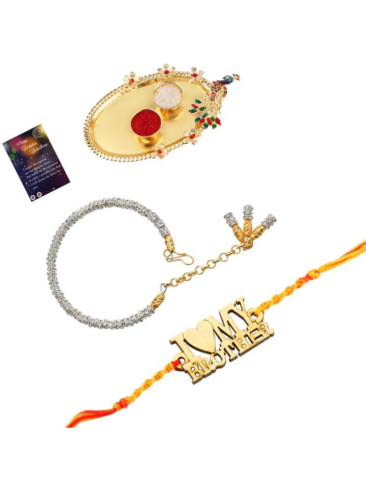     			Stylish Bhaiya Rakhi " I LOVE MY BROTHER" Designer Pendent With Silver Bracelet Kada BhabhiRakhi Combo With Roli Chawal And Greeting Card 1 Kankawati Pooja Thali