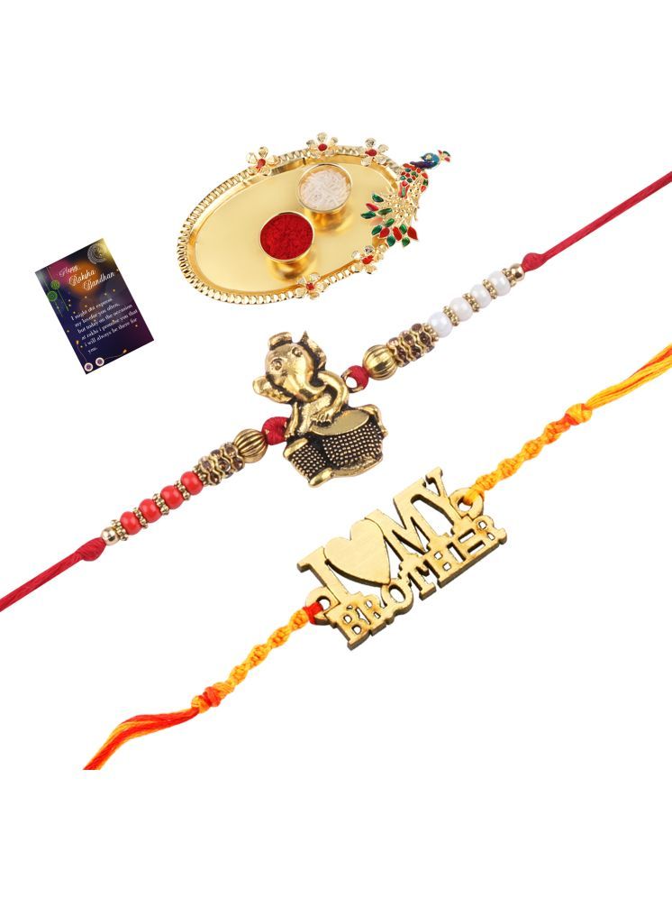     			Stylish Bhaiya Rakhi " I LOVE MY BROTHER" Designer Pendent With Designer Look "GANESH JI"Rakhi Combo For Bhaiya With Roli Chawal And Greeting Card 1 Kankawati Pooja Thali