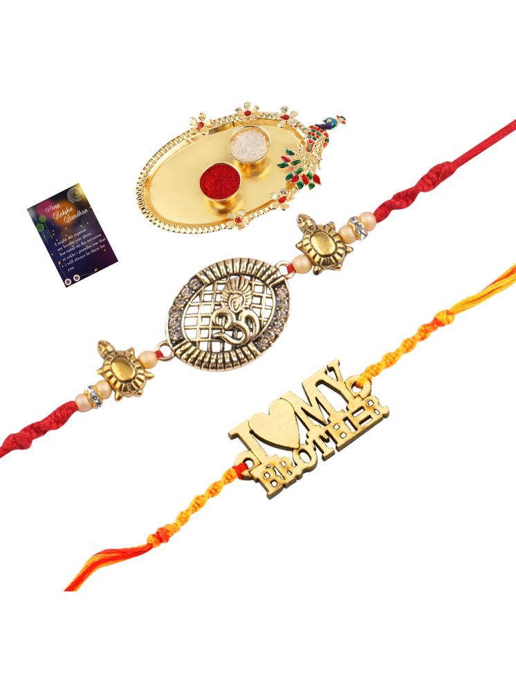     			Stylish Bhaiya Rakhi " I LOVE MY BROTHER" Designer Pendent With Designer Look "OM" Rakhi Combo For Bhaiya With Roli Chawal And Greeting Card 1 Kankawati Pooja Thali