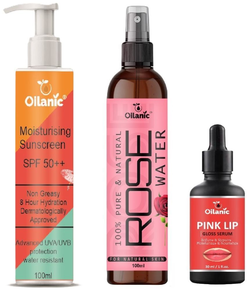     			Sunscreen with SPF 50++ Lightweight 100ml, Rose water for Hyrated Skin 100ml & Pink Lip Gloss Serum 30ml - Combo of 3 Items