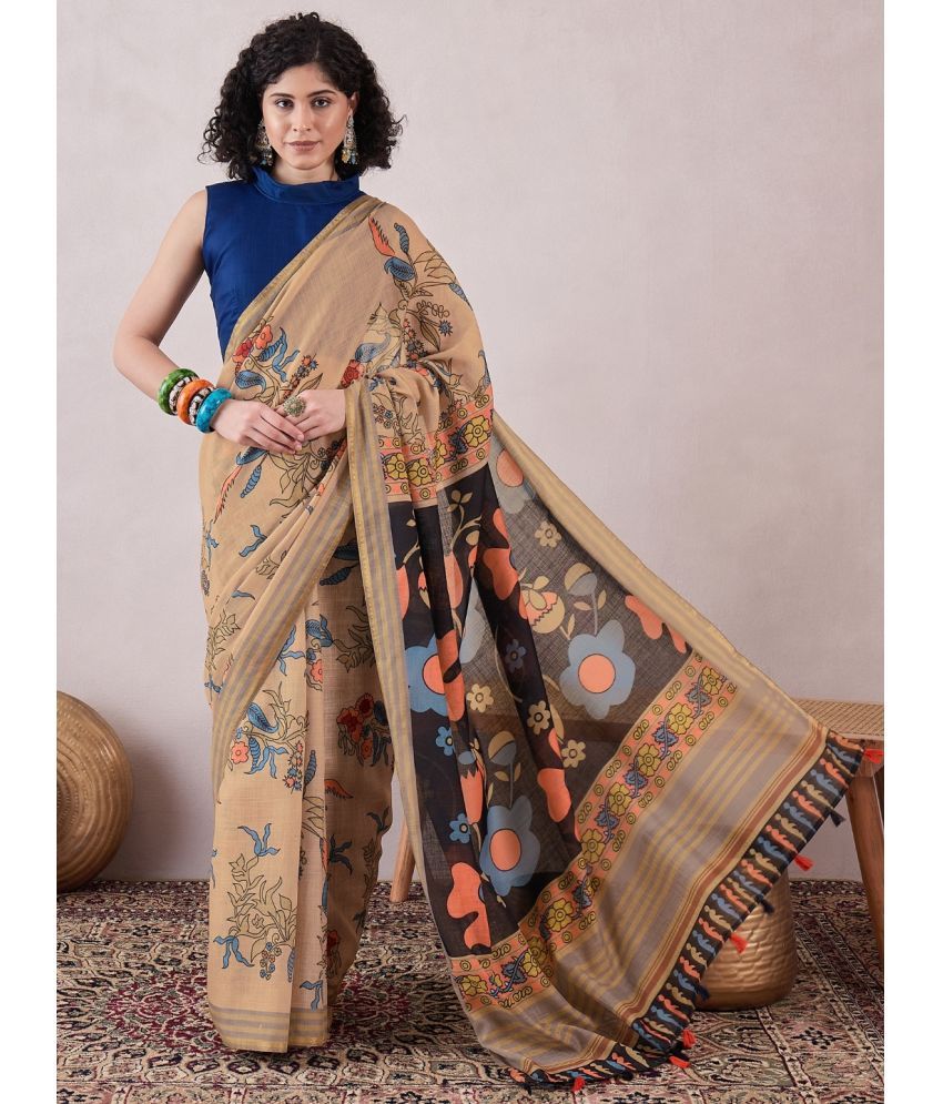     			Vaamsi Linen Printed Saree With Blouse Piece - Beige ( Pack of 1 )