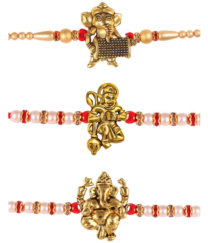     			Vighnaharta Ganesh Hanuman combo Gold and Rhodium Plated Alloy Kids Rakhi for Lovely Brother pack of 3[VFJ1110-1156-1142RKG]