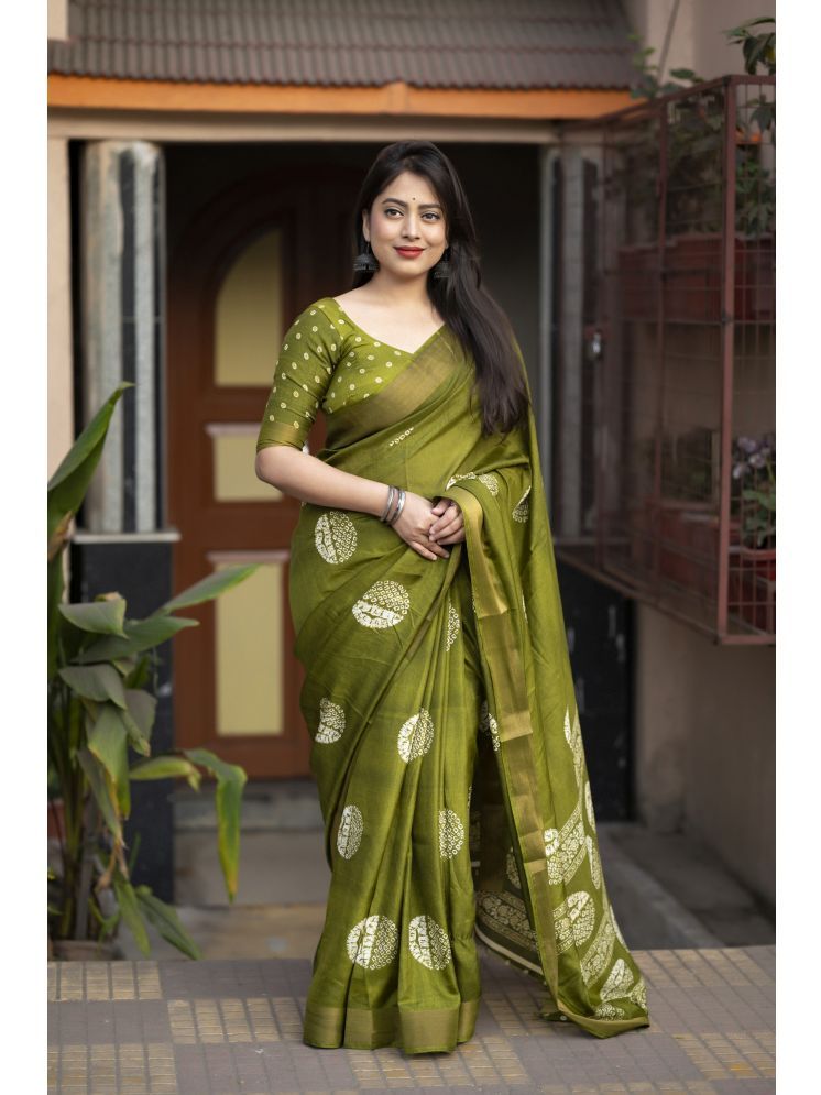     			Bhuwal Fashion Cotton Printed Saree With Blouse Piece - Green ( Pack of 1 )