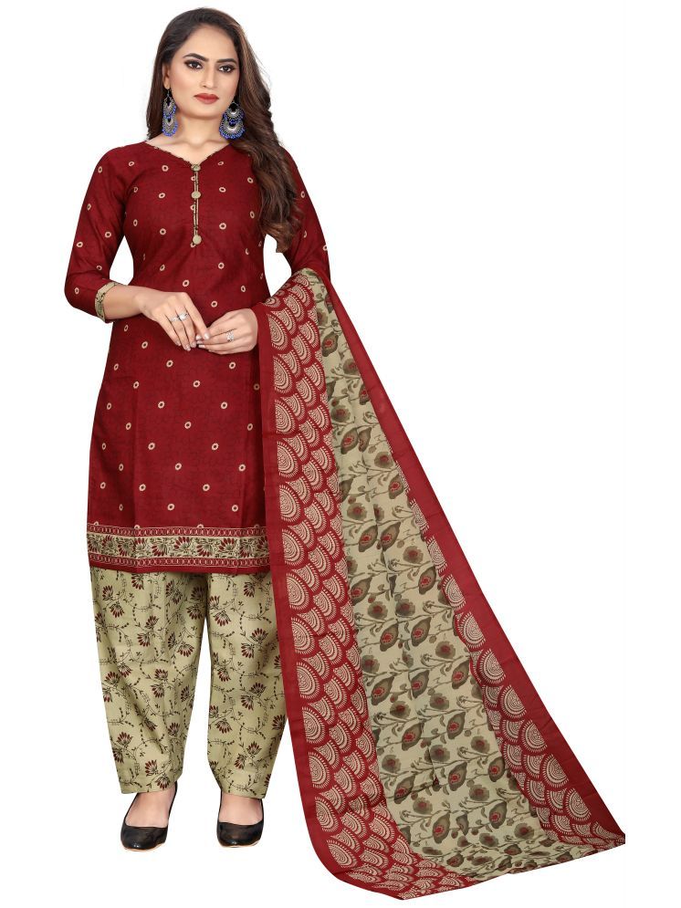     			Rajnandini Cotton Blend Printed Kurti With Patiala Women's Stitched Salwar Suit - Maroon ( Pack of 1 )