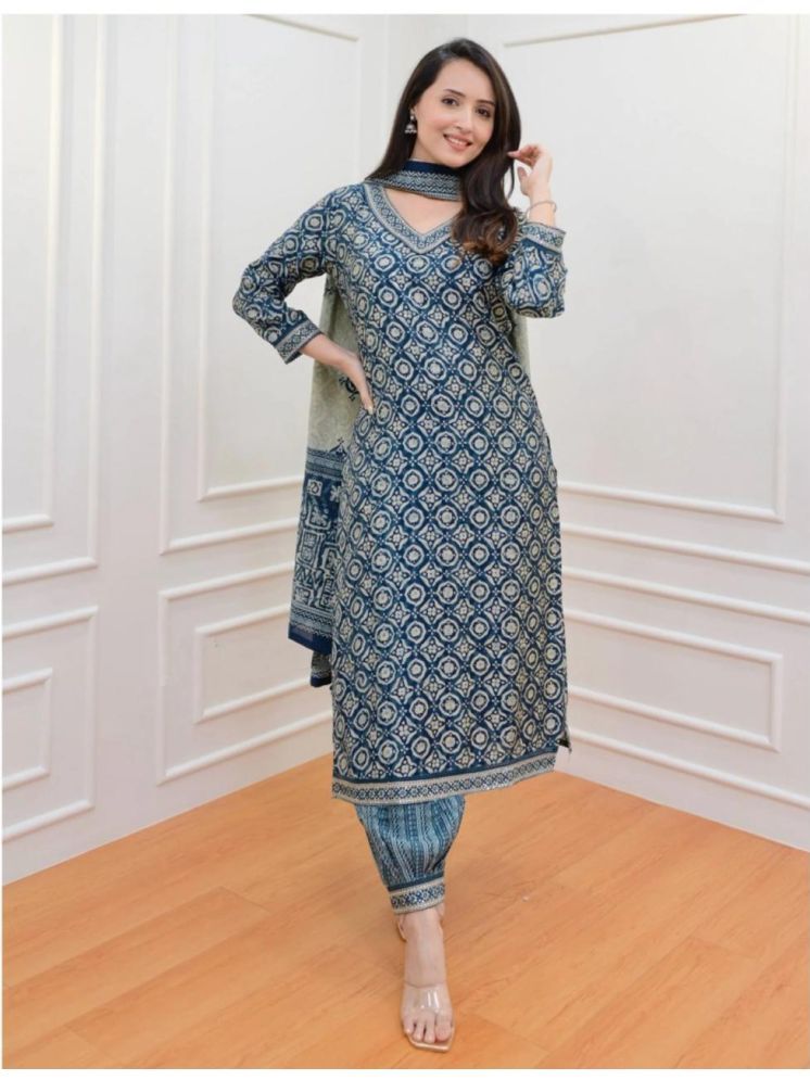     			S & D Attire Cotton Printed Kurti With Pants Women's Stitched Salwar Suit - Blue ( Pack of 1 )