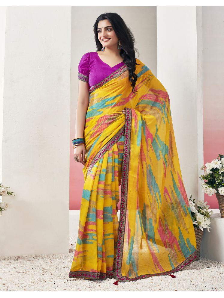     			Satrani Chiffon Printed Saree With Blouse Piece - Yellow1 ( Pack of 1 )