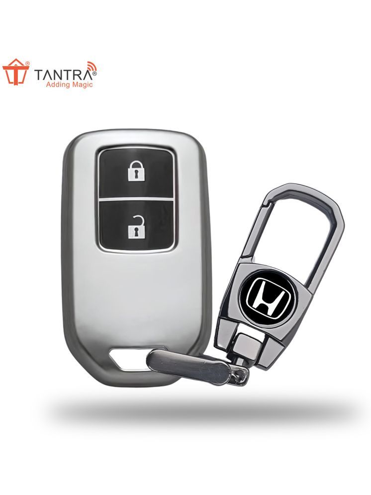     			TANTRA TPU Key Cover and Metal Keychain Compatible for Honda BRV | WRV | CRV | Jazz | City 2 Button Smart Key (Grey)