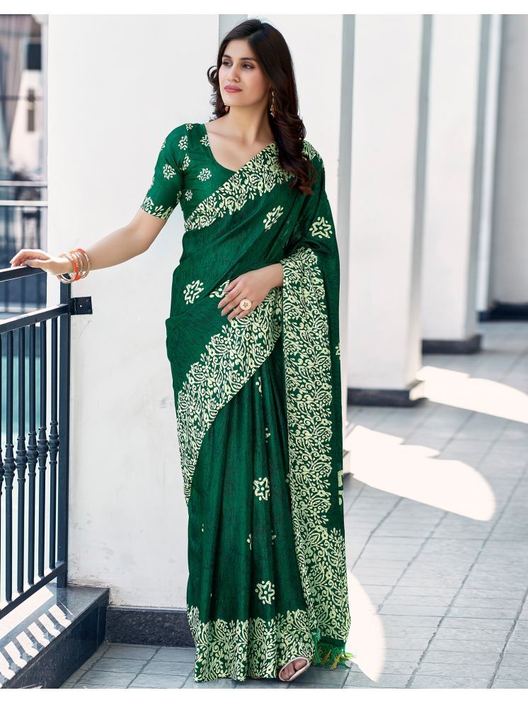     			Satrani Silk Blend Printed Saree With Blouse Piece - Green ( Pack of 1 )