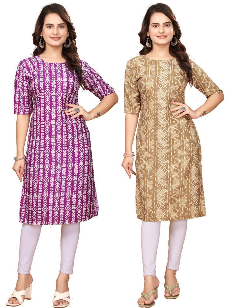     			VACHHARAJ GROUP Crepe Printed Straight Women's Kurti - Lavender,Cream ( Pack of 2 )