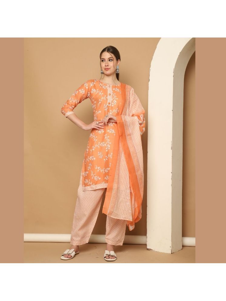     			Rajnandini Cotton Blend Printed Kurti With Patiala Women's Stitched Salwar Suit - Orange ( Pack of 1 )