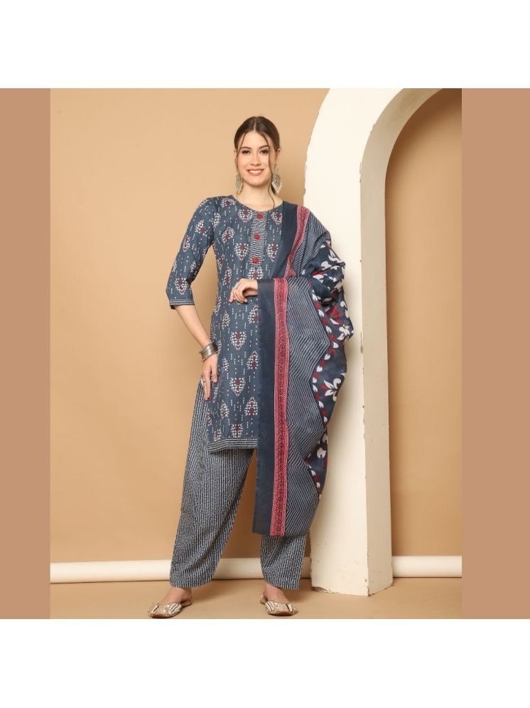     			Rajnandini Cotton Blend Printed Kurti With Patiala Women's Stitched Salwar Suit - Grey ( Pack of 1 )