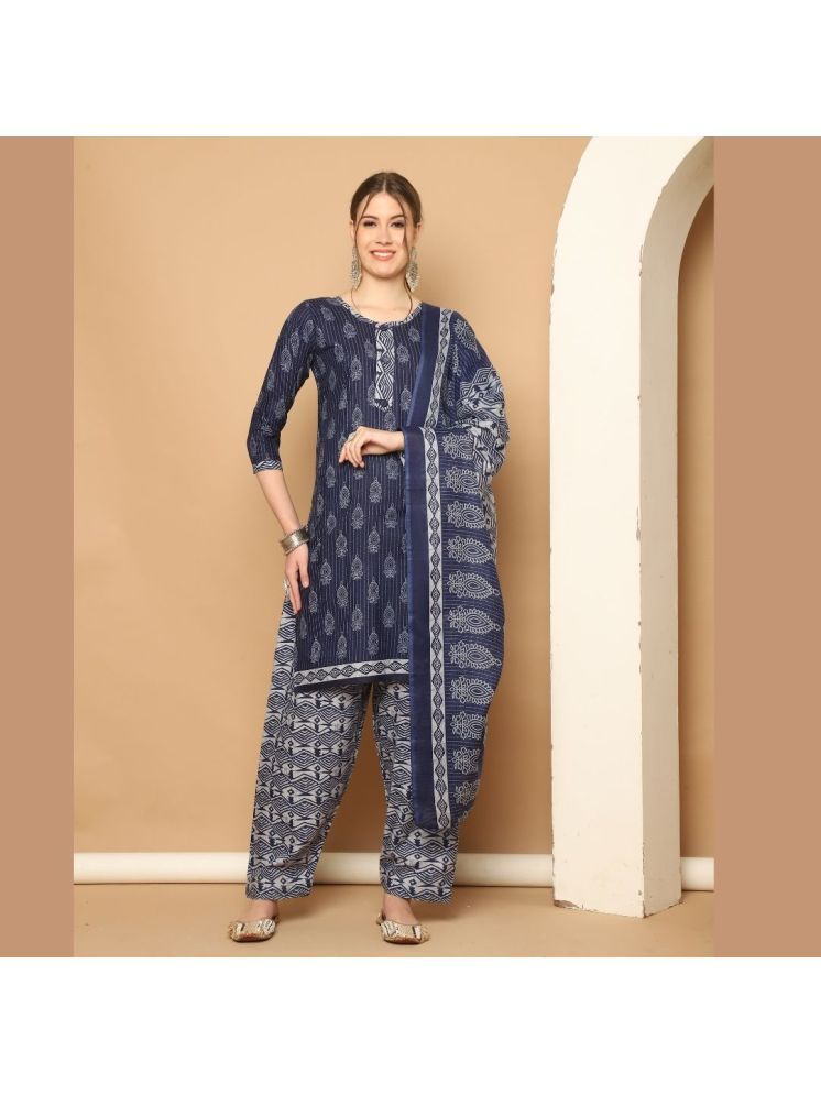     			Rajnandini Cotton Blend Printed Kurti With Patiala Women's Stitched Salwar Suit - Navy ( Pack of 1 )