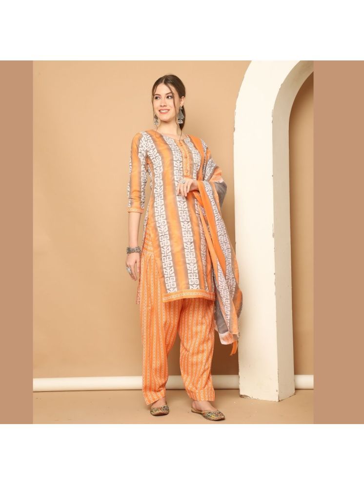     			Rajnandini Cotton Blend Printed Kurti With Patiala Women's Stitched Salwar Suit - Orange ( Pack of 1 )