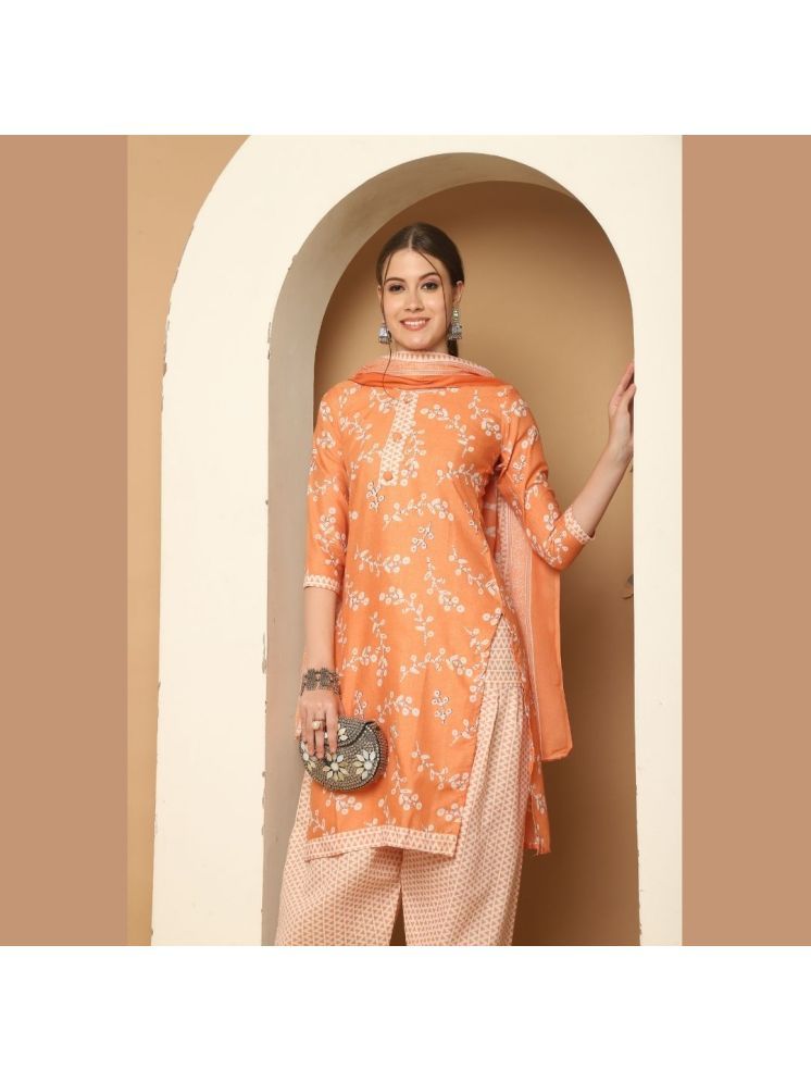     			Rajnandini Cotton Blend Printed Kurti With Patiala Women's Stitched Salwar Suit - Orange ( Pack of 1 )