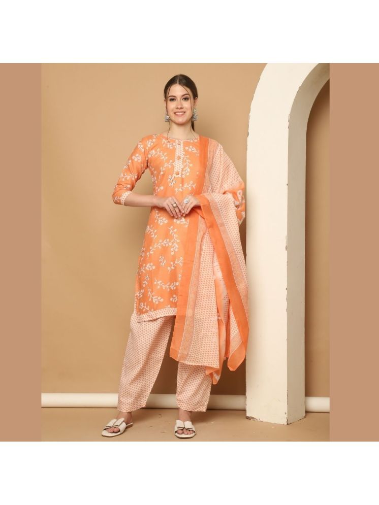     			Rajnandini Cotton Blend Printed Kurti With Patiala Women's Stitched Salwar Suit - Orange ( Pack of 1 )