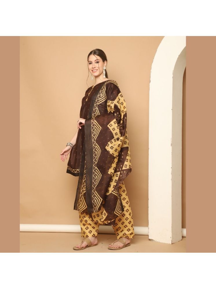     			Rajnandini Cotton Blend Printed Kurti With Patiala Women's Stitched Salwar Suit - Brown ( Pack of 1 )