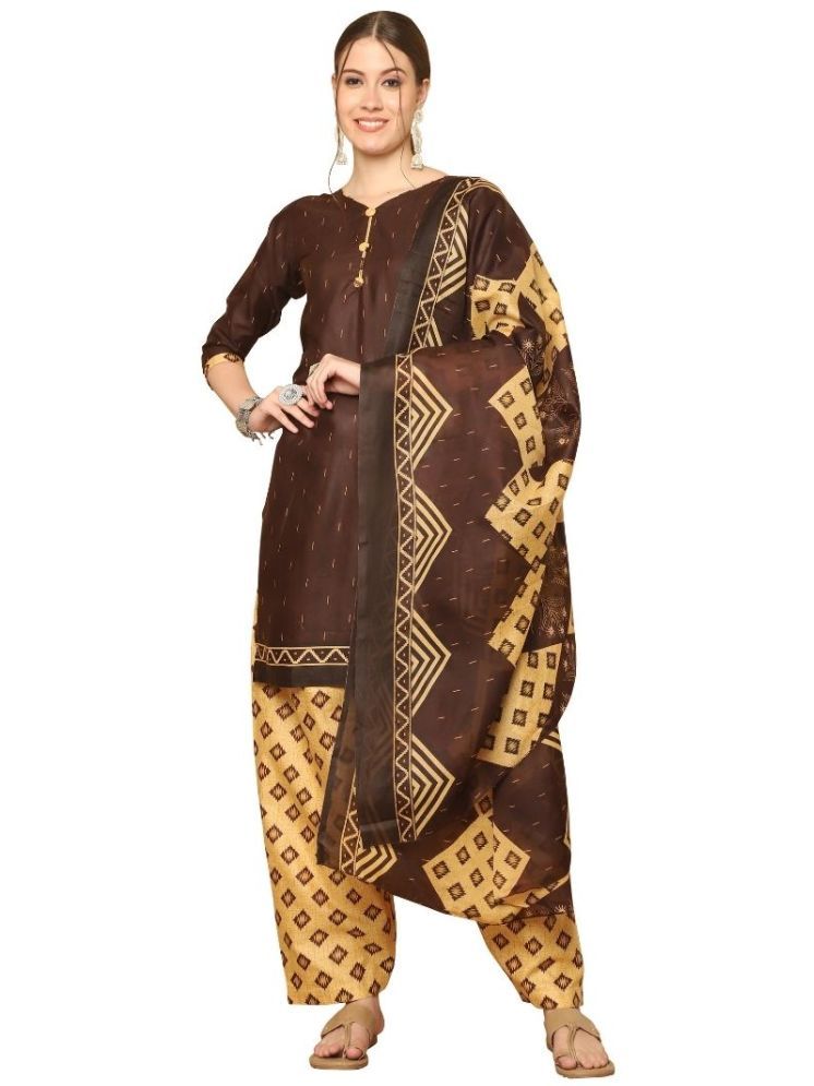     			Rajnandini Cotton Blend Printed Kurti With Patiala Women's Stitched Salwar Suit - Brown ( Pack of 1 )