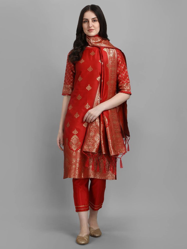     			VredeVogel Cotton Silk Embellished Kurti With Pants Women's Stitched Salwar Suit - Red ( Pack of 1 )