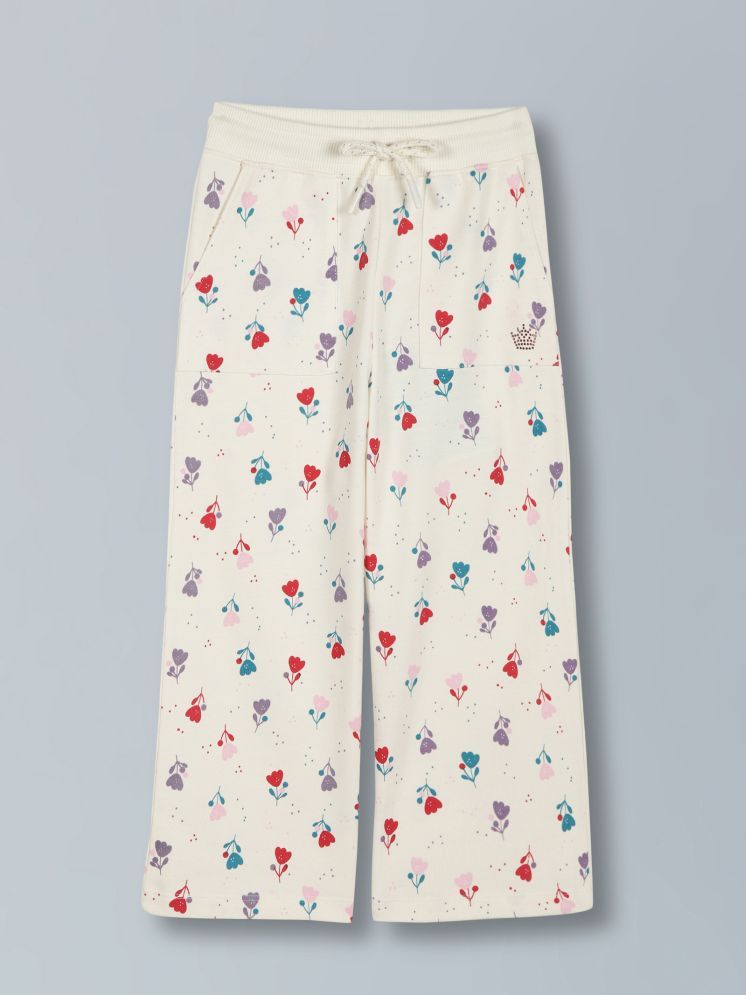     			PlumTree Girls Flower AOP & Crown Stone wide leg relaxed Fit Cotton Trouser - vanilla