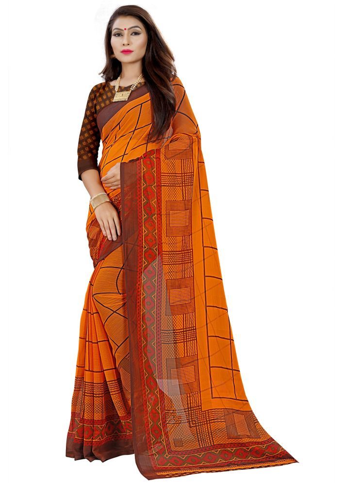     			THE PRIVATE LABLE Georgette Checks Saree Without Blouse Piece - Orange ( Pack of 1 )