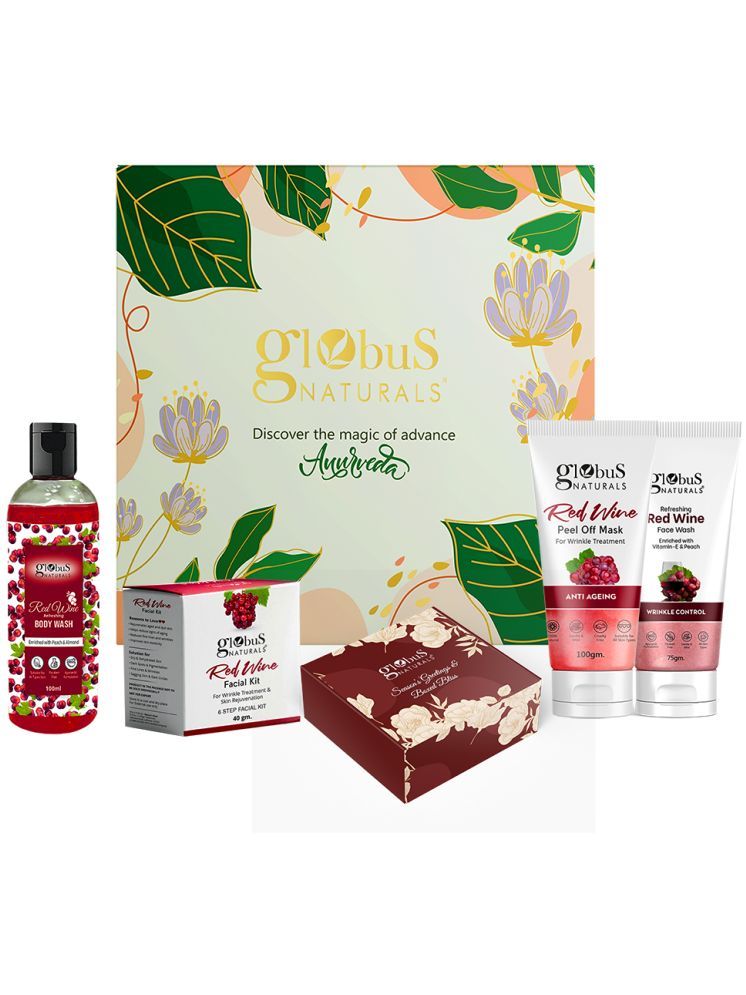     			Globus Naturals Christmas Red Wine Radiance Box set of 5, Box includes - Red Wine Body Wash 100ml, Red wine Face Wash 75 gm, Red Wine Facial Kit 40 gm, Peel off Mask 100gm, Chocolate box