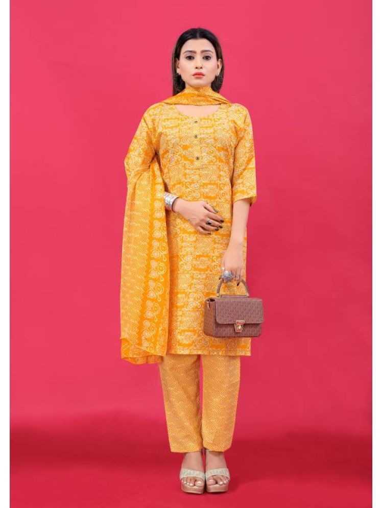     			INDIAN SILKS Cotton Printed Kurti With Pants Women's Stitched Salwar Suit - Mustard ( Pack of 1 )