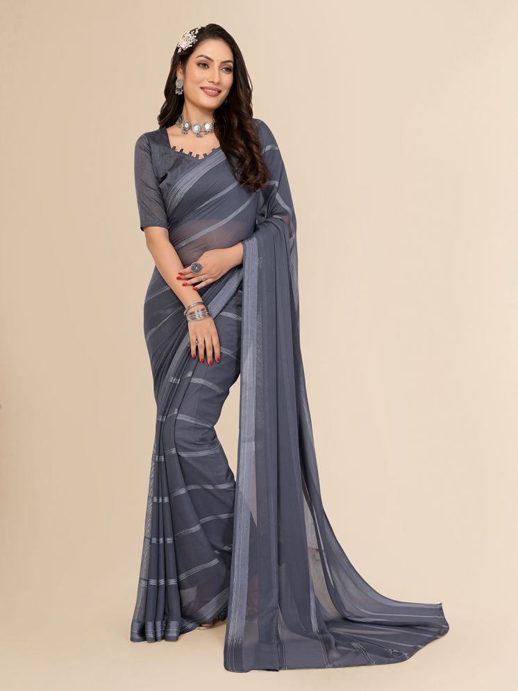     			ANAND SAREES Satin Striped Saree With Blouse Piece - Grey ( Pack of 1 )