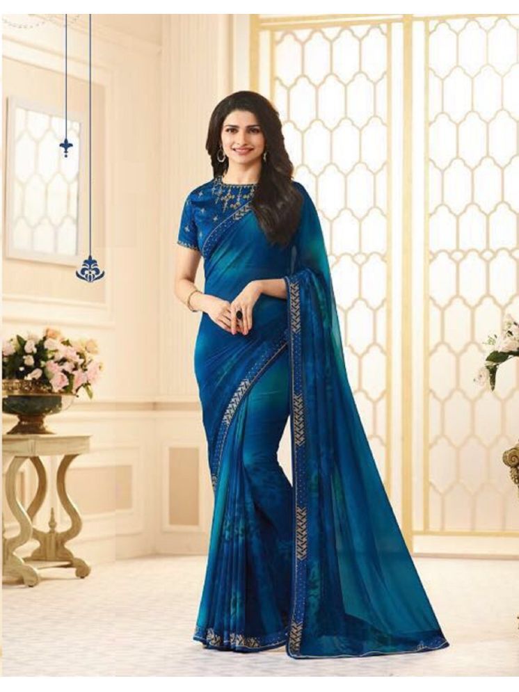     			Gazal Fashions Georgette Printed Saree With Blouse Piece - Blue ( Pack of 1 )