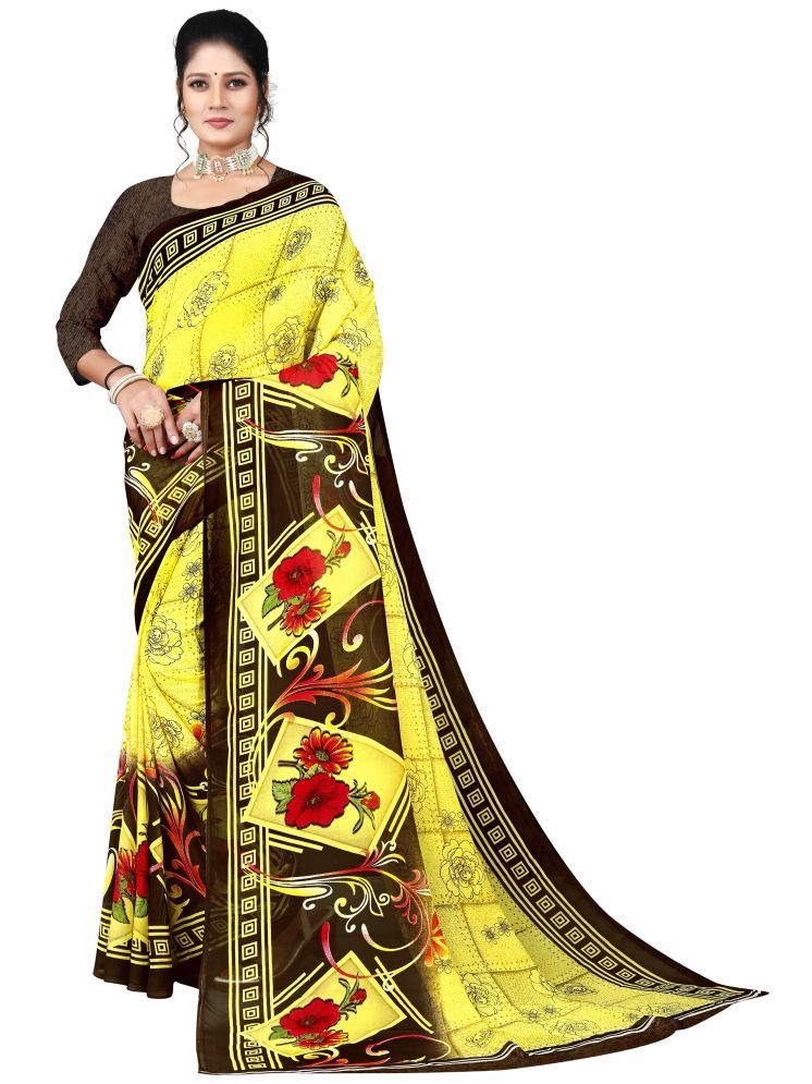     			INDIAN SILKS Georgette Printed Saree With Blouse Piece - Yellow ( Pack of 1 )