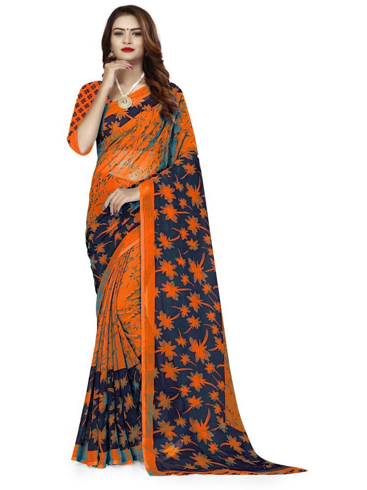     			INDIAN SILKS Georgette Printed Saree With Blouse Piece - Orange ( Pack of 1 )