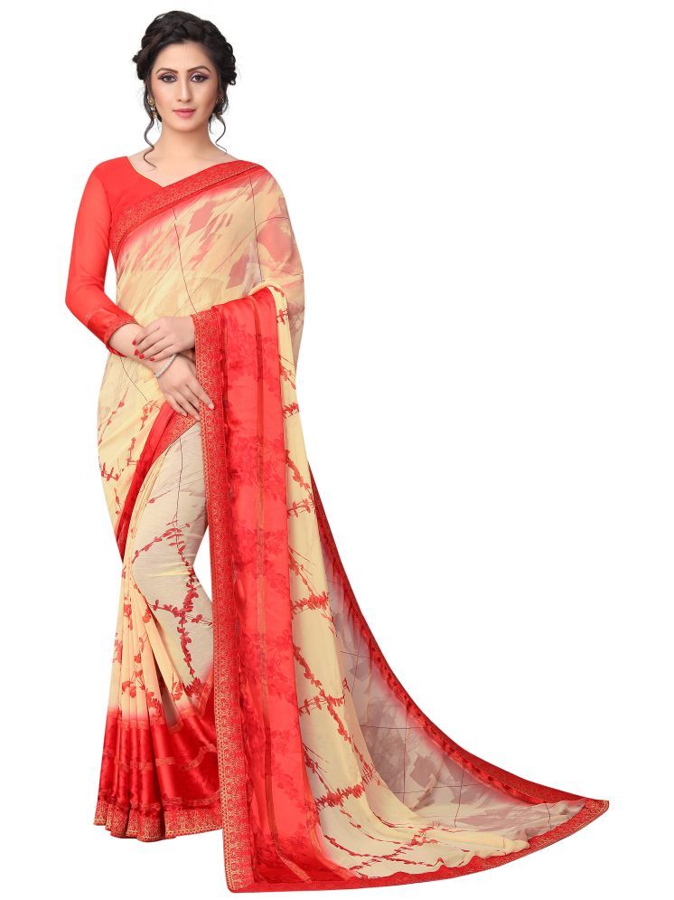     			KSNDV Trendz Georgette Printed Saree With Blouse Piece - Peach ( Pack of 1 )