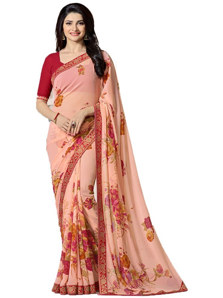     			KSNDV Trendz Georgette Printed Saree With Blouse Piece - Peach ( Pack of 1 )