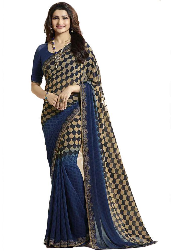     			KSNDV Trendz Georgette Printed Saree With Blouse Piece - Blue ( Pack of 1 )