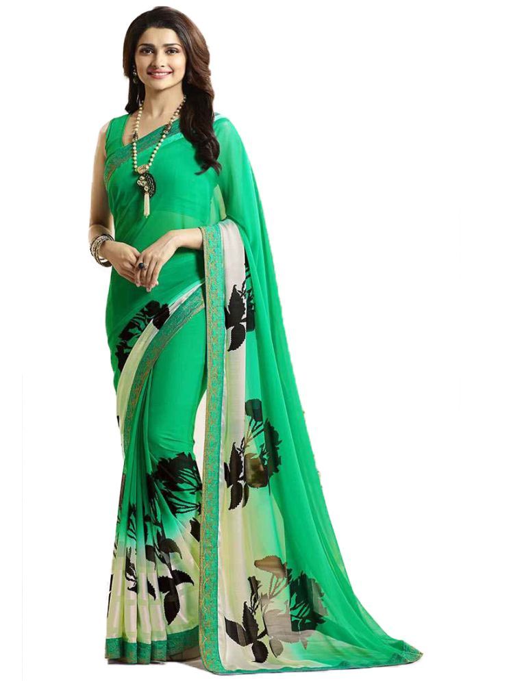     			KSNDV Trendz Georgette Printed Saree With Blouse Piece - LightGreen ( Pack of 1 )