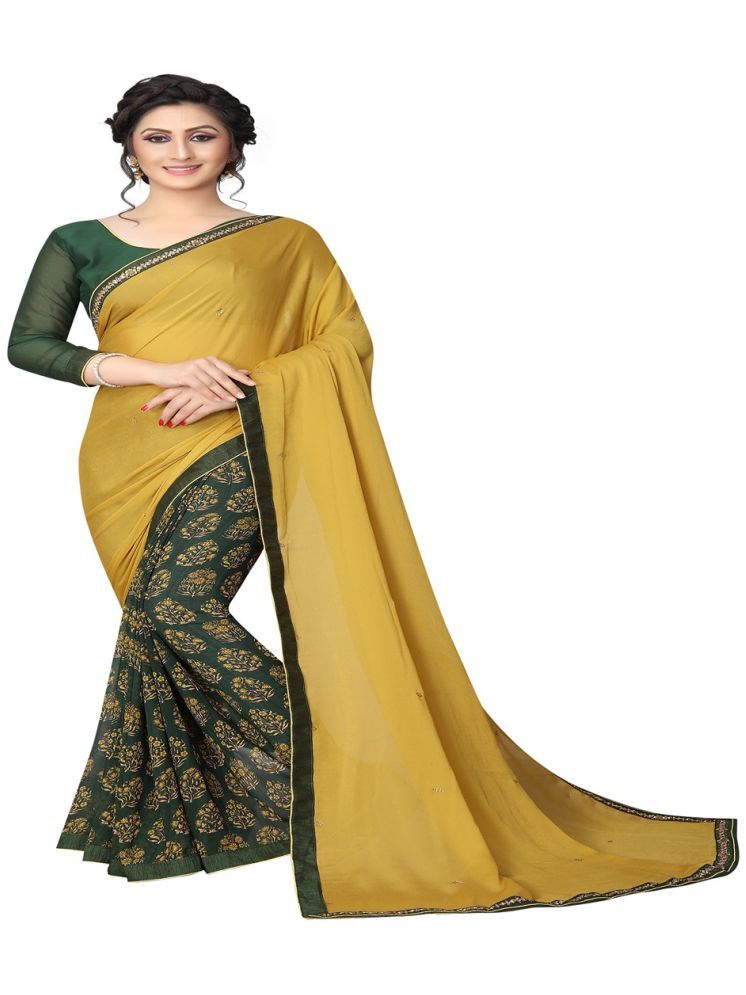     			KSNDV Trendz Georgette Printed Saree With Blouse Piece - Yellow ( Pack of 1 )