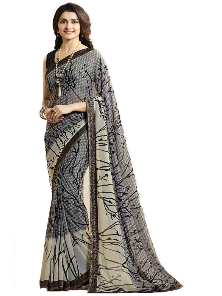     			KSNDV Trendz Georgette Printed Saree With Blouse Piece - Grey ( Pack of 1 )