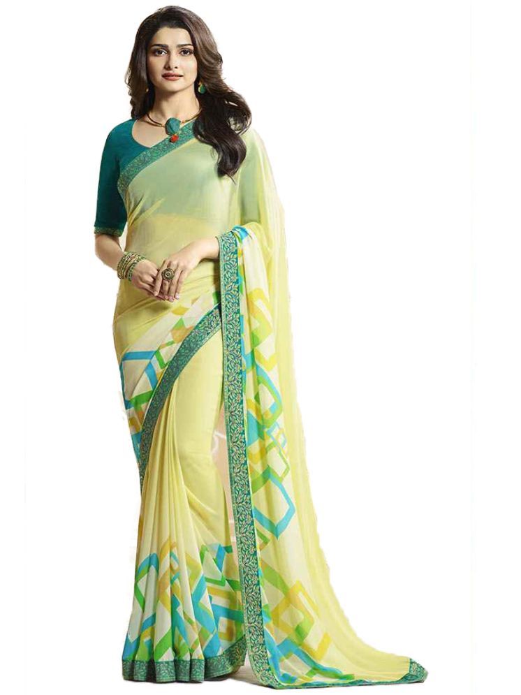     			KSNDV Trendz Georgette Printed Saree With Blouse Piece - Yellow ( Pack of 1 )